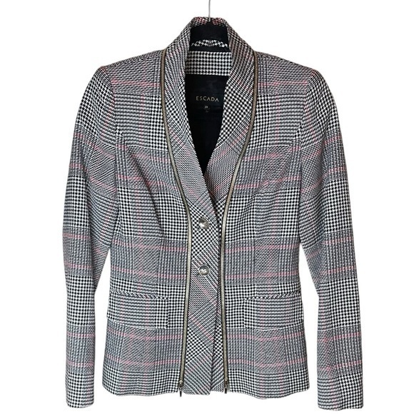 Escada‎ Houndstooth Black Red and White Blazer Jacket with Zipper Detail Size 34 - Picture 1 of 14